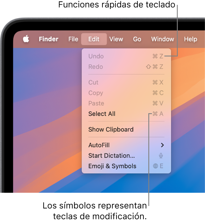 El menú Edición está abierto en el Finder; al lado de los ítems del menú se muestran funciones rápidas de teclado.