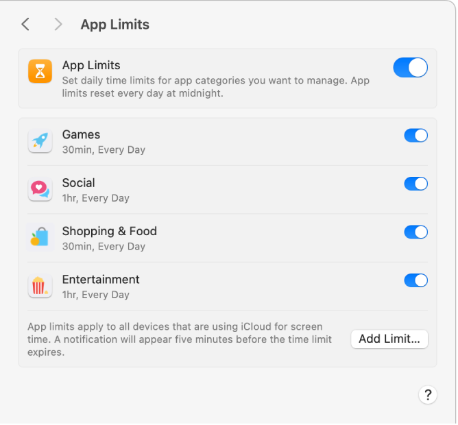 Ajustes de “Límites de uso de apps” en “Tiempo de uso” con la opción “Límites de uso de apps” activada. Los límites de tiempo están configurados para cuatro categorías de apps.