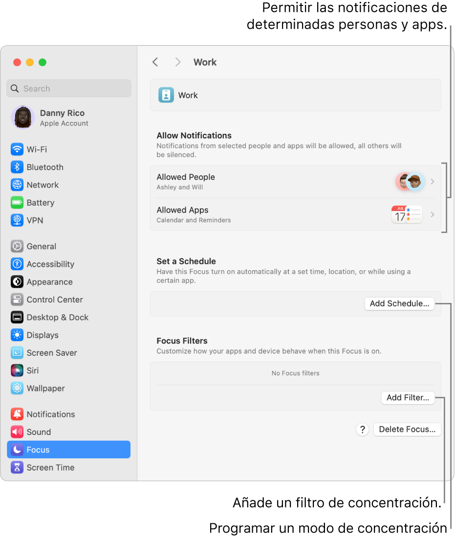 Panel de ajustes Concentración con ajustes para el modo de concentración Trabajo. Arriba está la lista de personas y apps cuyas notificaciones se permiten cuando el modo de concentración Trabajo está activo.
