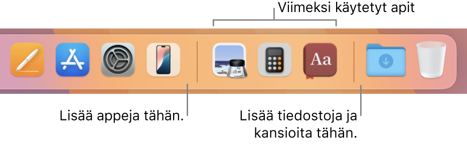 Dockin oikea reuna, jossa näkyy erotinviivat äskettäin käytettyjen appien osion molemmin puolin.