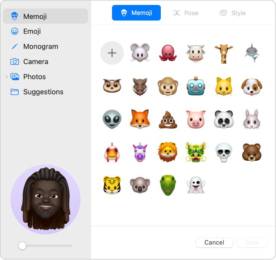 Les options d’image du compte Apple. Une liste des options d’image se trouve dans la barre latérale. Celles-ci comprennent Memoji, Monogramme, Photos et bien plus encore. Memoji est sélectionné, et une grille de Memoji s’affiche.