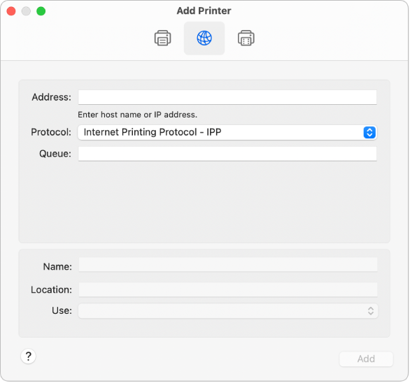 La zone de dialogue Ajouter (une imprimante) affichant les options IP de configuration d’une imprimante en utilisant un protocole IP.