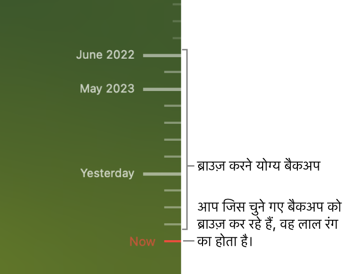 बैकअप समयरेखा में टिक मार्क। लाल टिक मार्क आपके द्वारा ब्राउज़ किए जाने वाले बैकअप को इंगित करता है।