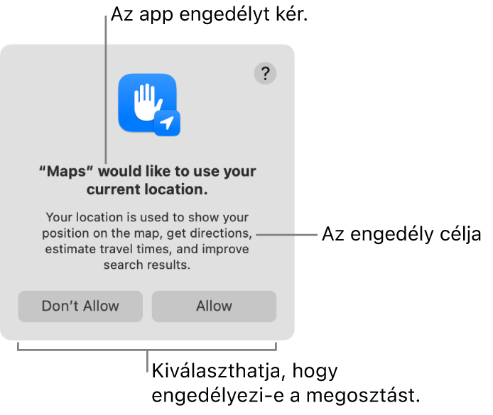 A Térképek app engedélyt kér az Ön aktuális helyzetének használatához.