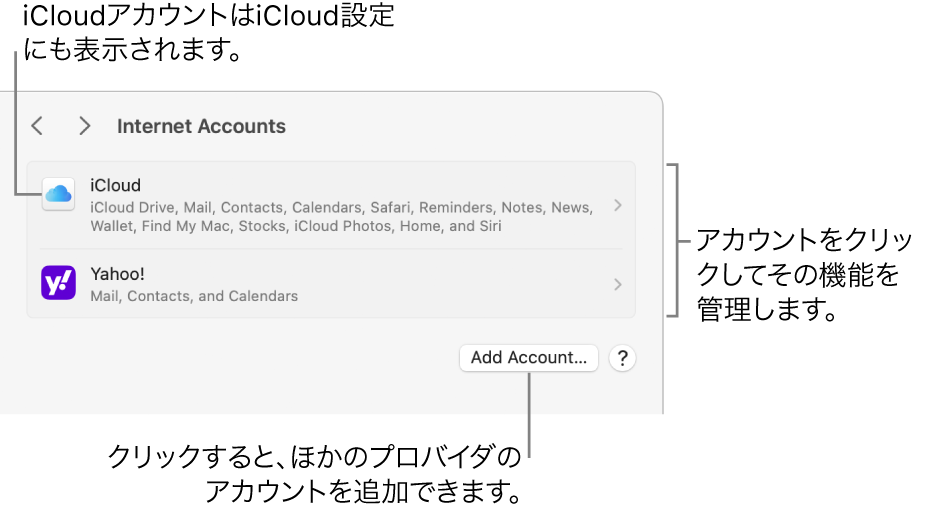 「インターネットアカウント」設定。Macで設定されたアカウントがリストで表示されています。