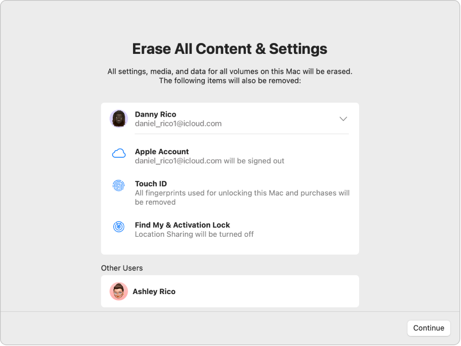 消去アシスタントの「すべてのコンテンツと設定を消去」ウインドウ。Macのロック解除や購入に使用するすべての指紋など、削除される追加項目が表示されています。