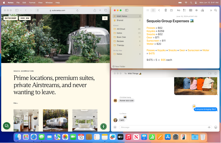Biurko Maca z zadokowanymi trzema oknami. Okno Safari wypełnia połowę ekranu, okno Notatek znajduje się w prawym górnym rogu, a okno Wiadomości widoczne jest w prawym dolnym rogu.