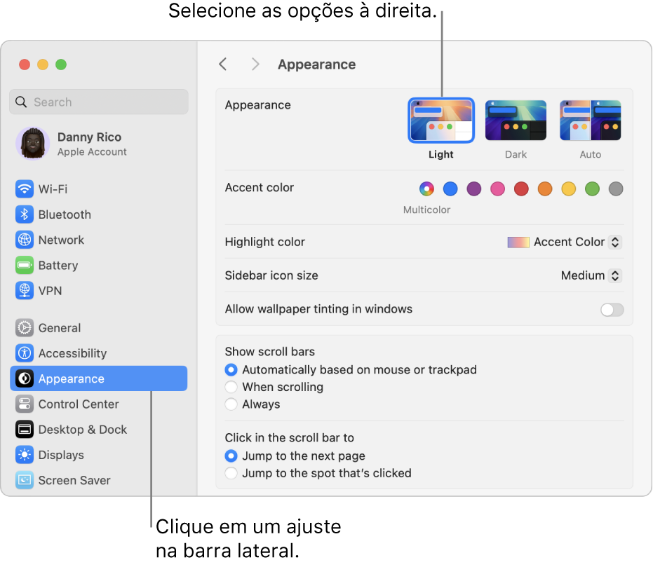 Janela dos Ajustes do Sistema, com o ajuste Aparência selecionado na barra lateral e as opções de Aparência à direita.