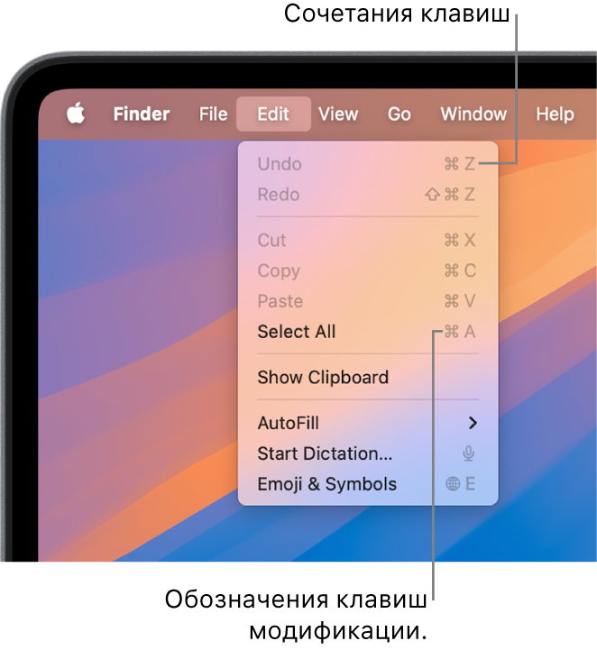 В Finder открыто меню «Правка»; сочетания клавиш отображаются рядом с элементами меню.