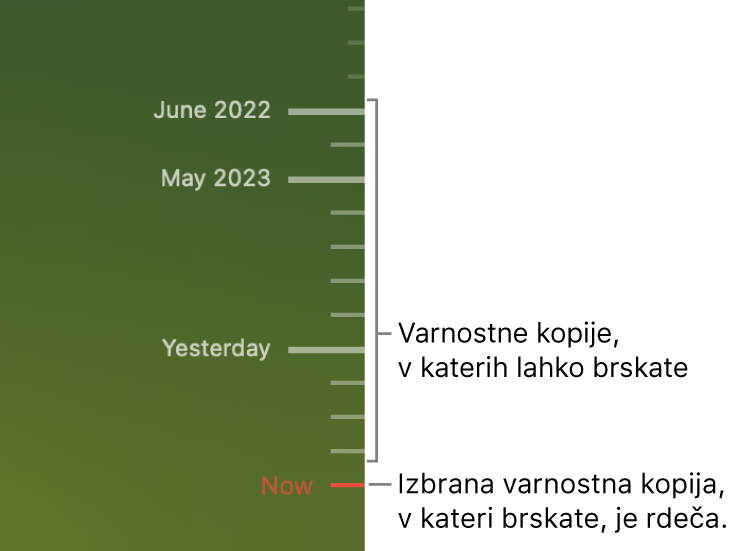 Oznake intervalov na časovnici varnostnega kopiranja. Rdeča oznaka intervala označuje varnostno kopijo, po kateri brskate.