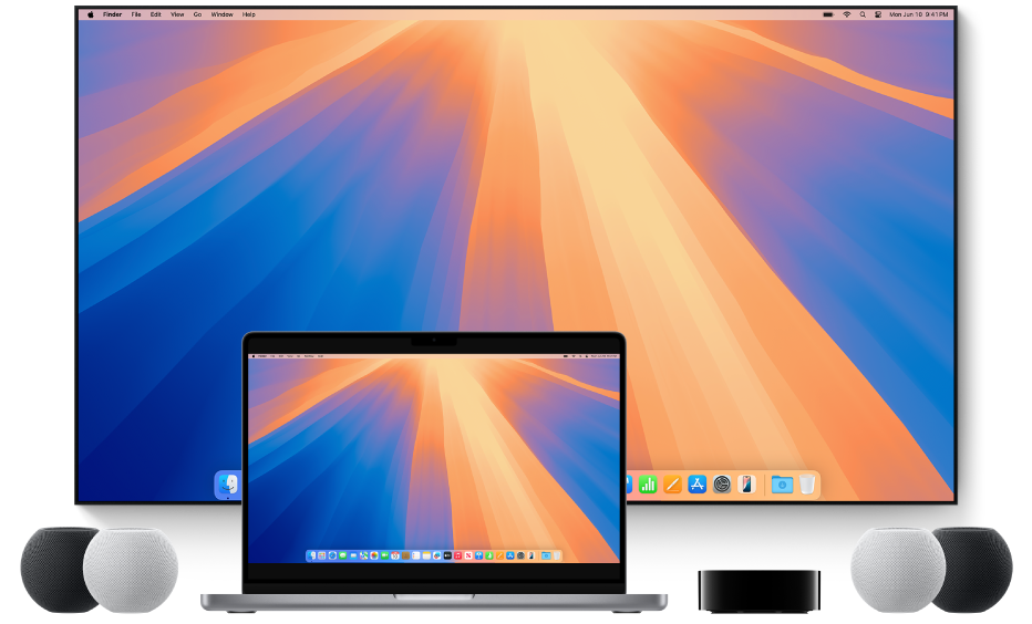 En Mac och enheter som datorn kan strömma innehåll till med AirPlay, till exempel en Apple TV, HomePod mini-högtalare och en smart TV.