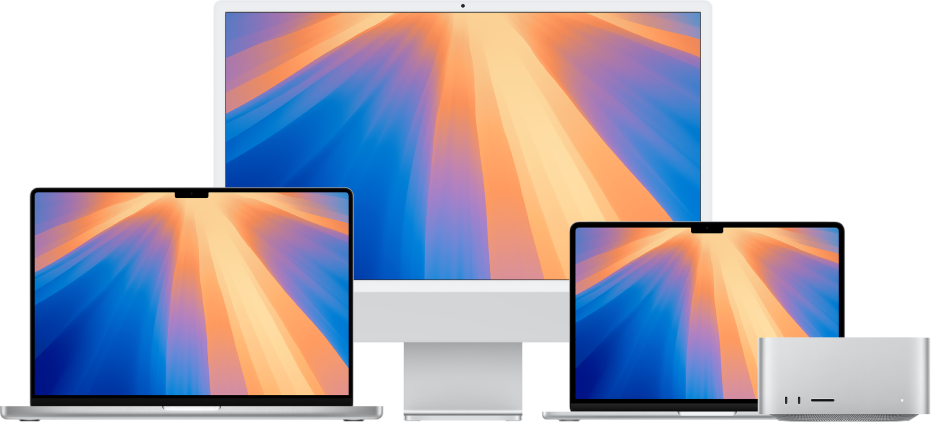 Soldan sağa doğru, renkli masaüstleri ile MacBook Pro, iMac ve MacBook Air. Sol uçta bir Mac Studio var.