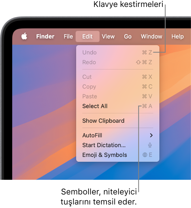 Düzen menüsü Finder’da açık; menü öğelerinin yanında klavye kestirmeleri görünüyor.