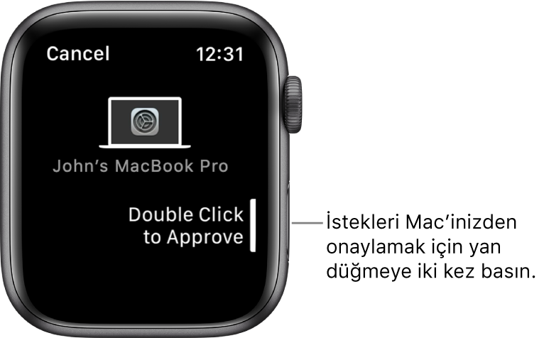 Apple Watch bir MacBook Pro’dan onay isteğini gösteriyor.