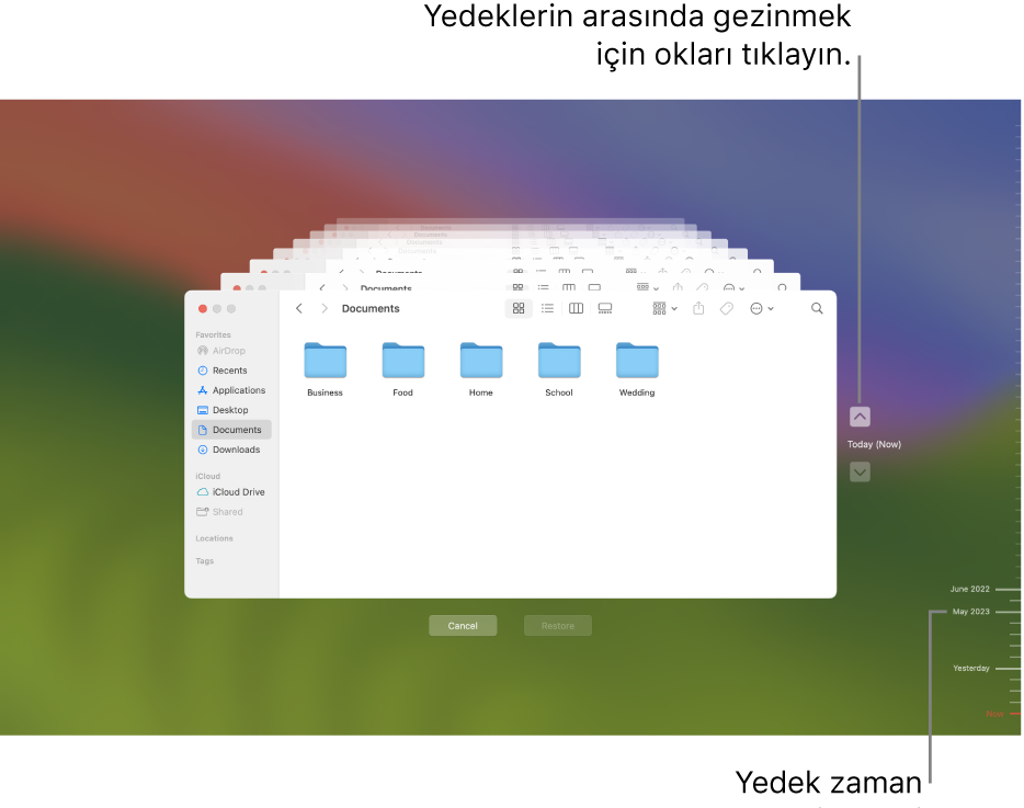 Dolaşma okları ile birlikte yedeklemeleri temsil eden yığılmış çok sayıda Finder ekranını gösteren Time Machine penceresi. Sağ taraftaki oklar ve yedekleme zaman ekseni hangi dosyaların geri yükleneceğini seçebilmek amacıyla yedeklemelerinizde dolaşmanıza yardımcı olur.