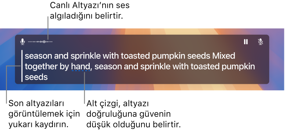 Bilgisayarın mikrofon sesinin gerçek zamanlı dökümü Canlı Altyazı penceresinde kaydırılabilir metin olarak gösterilir. Altı çizgili bir sözcük, o altyazının doğruluğuna güvenin düşük olduğunu belirtir.