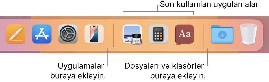 Son kullanılan uygulamalar bölümünün önündeki ve arkasındaki ayırıcı çizgileri gösteren Dock’un sağ ucu.