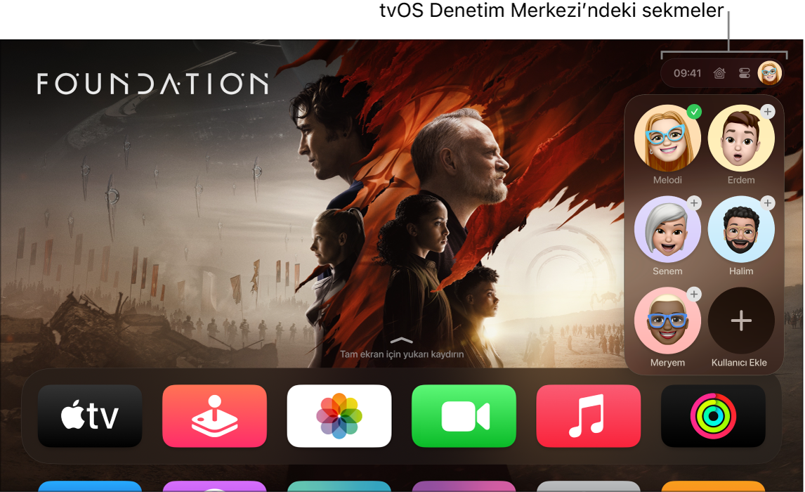 Denetim Merkezi’ndeki sekmeleri gösteren Apple TV ekranı.