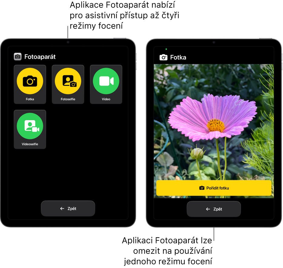 Displeje dvou iPadů v režimu asistivního přístupu. Na prvním iPadu je vidět aplikace Fotoaparát s režimy, které si uživatel může vybrat, například Video nebo Selfie. Na druhém iPadu je zobrazená aplikace Fotoaparát s jediným režimem pro pořizování fotek.