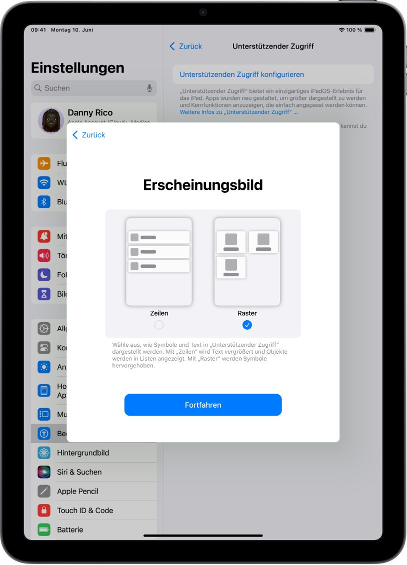 Ein iPad, das für die Funktion „Unterstützender Zugriff“ konfiguriert wird, mit Auswahlmöglichkeiten für die Anzeige von Inhalten in leicht lesbaren Listen oder einem großen Raster, das den Schwerpunkt auf Bilder und Symbole legt.
