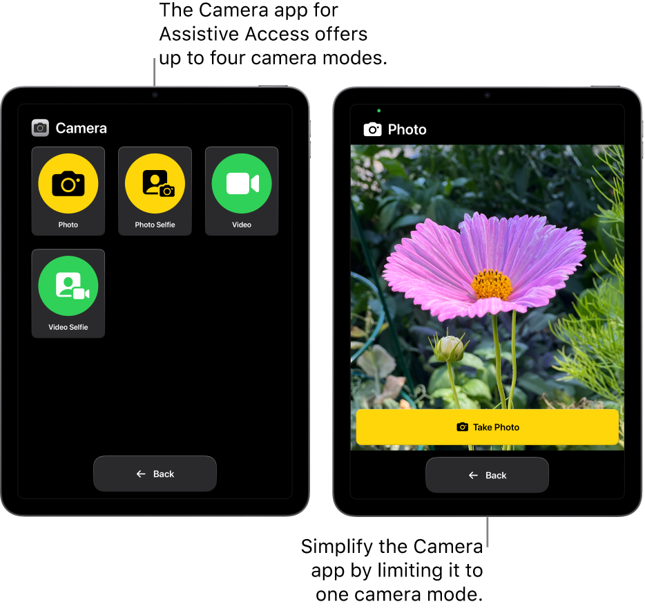 Two iPad screens in Assistive Access. One iPad shows the Camera app with camera modes for the user to choose from, like Video or Photo Selfie. The other iPad shows the Camera app with a single mode for taking photos.