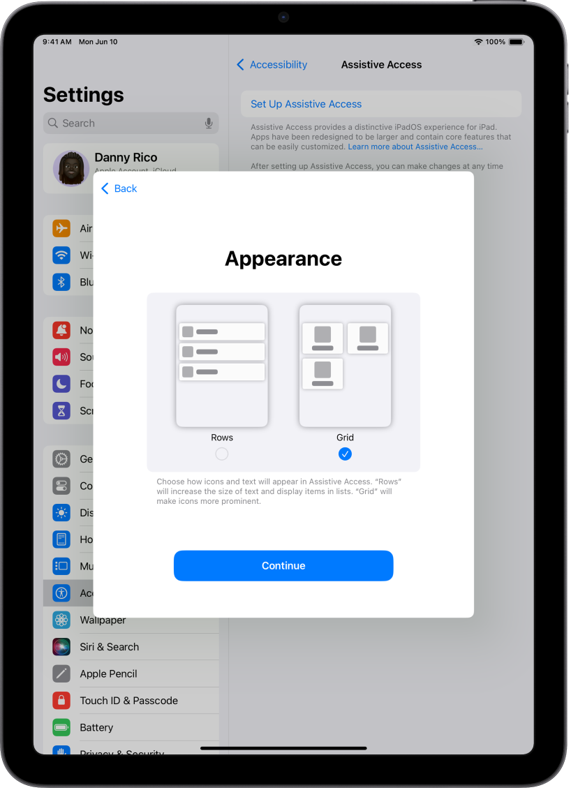 An iPad being set up for Assistive Access, with choices for displaying content in easily readable lists, or in a large grid that emphasizes images and icons.