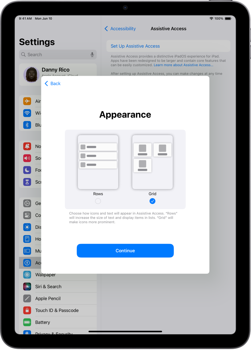 An iPad being set up for Assistive Access, with choices for displaying content in easily readable lists, or in a large grid that emphasizes images and icons.