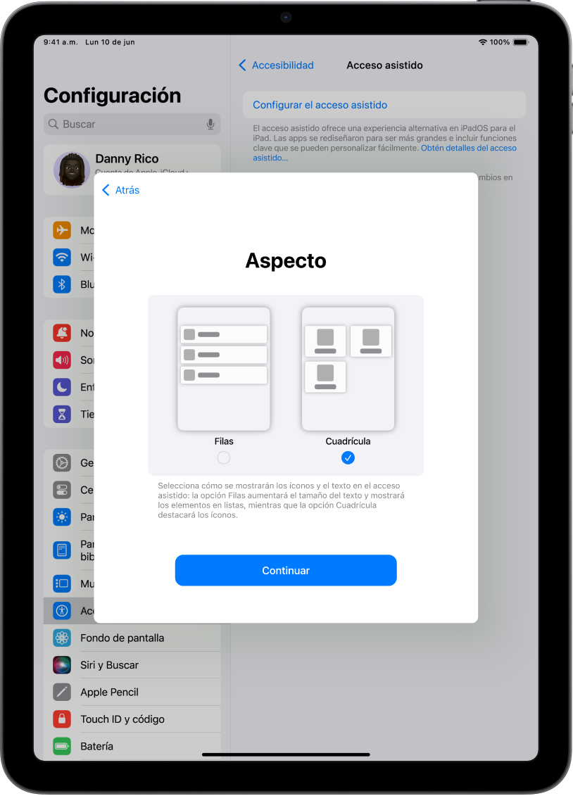 Un iPad que se está configurando para el acceso asistido, con opciones para mostrar el contenido en listas fáciles de leer o en una cuadrícula grande que destaca las imágenes y los íconos.