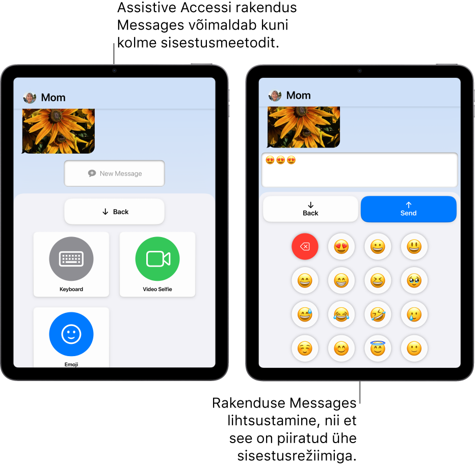 Kaks iPadi ekraani, milles kasutatakse Assistive Accessi. Ühes iPadis on rakendus Messages selliste kasutaja valitavate sisestusmeetoditega nagu Keyboard või Video Selfie. Teises näidatakse sõnumi saatmist emoji-klaviatuuriga.