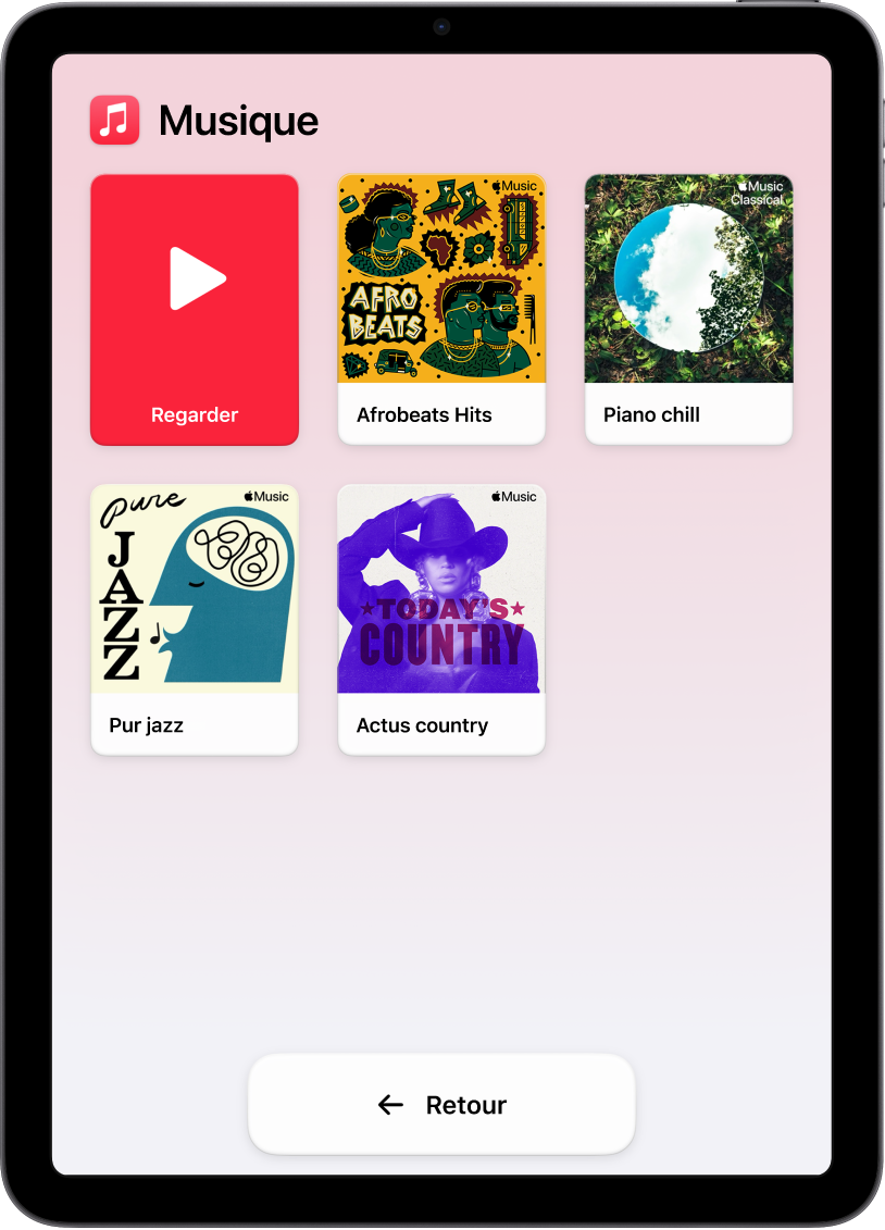 Un iPad dans Accès d’aide avec l’app Musique ouverte. Le bouton Lecture se trouve dans le coin supérieur gauche de l’écran et le bouton Retour est en bas. Une grande grille de playlists occupe le reste de l’écran.