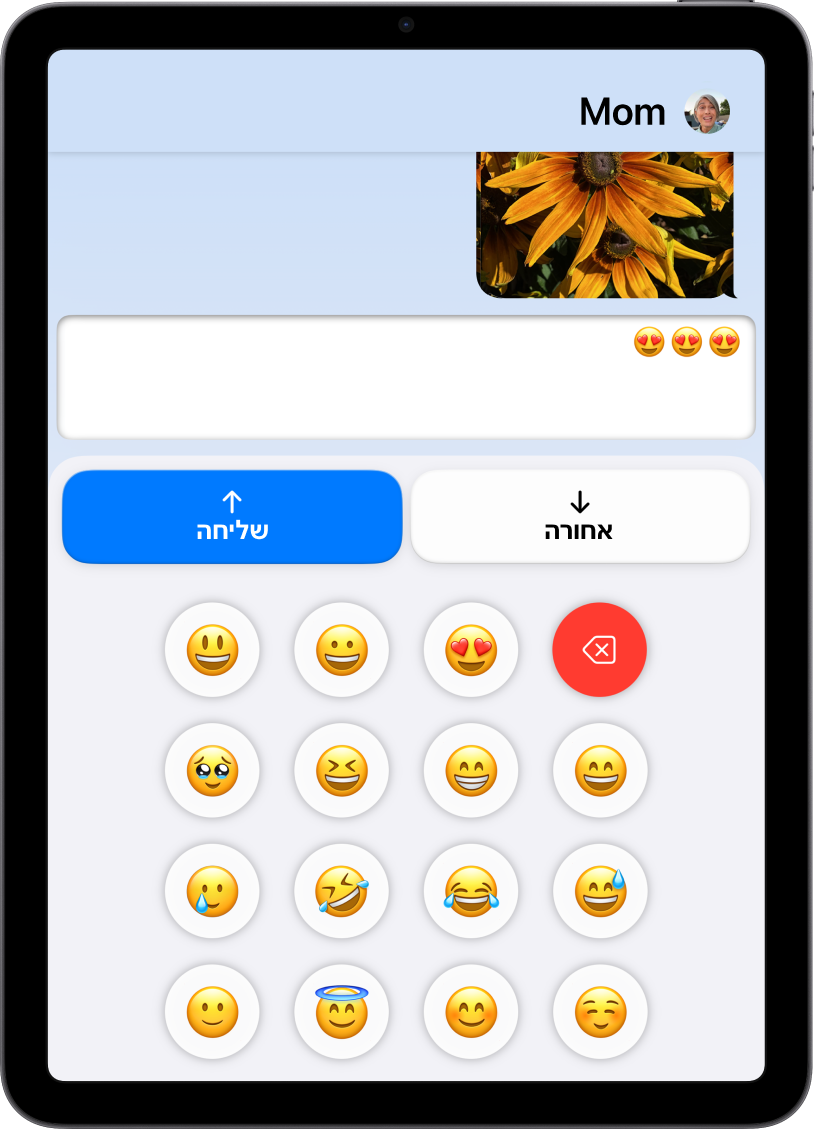 מכשיר iPad ב״גישה מסייעת עם היישום ״הודעות״ פתוח. הודעה נשלחת באמצעות מקלדת של אמוג׳י בלבד.