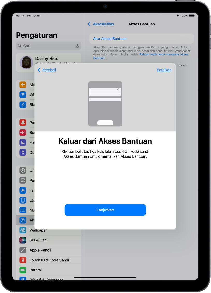 iPad dengan layar yang menjelaskan cara keluar dari Akses Bantuan.