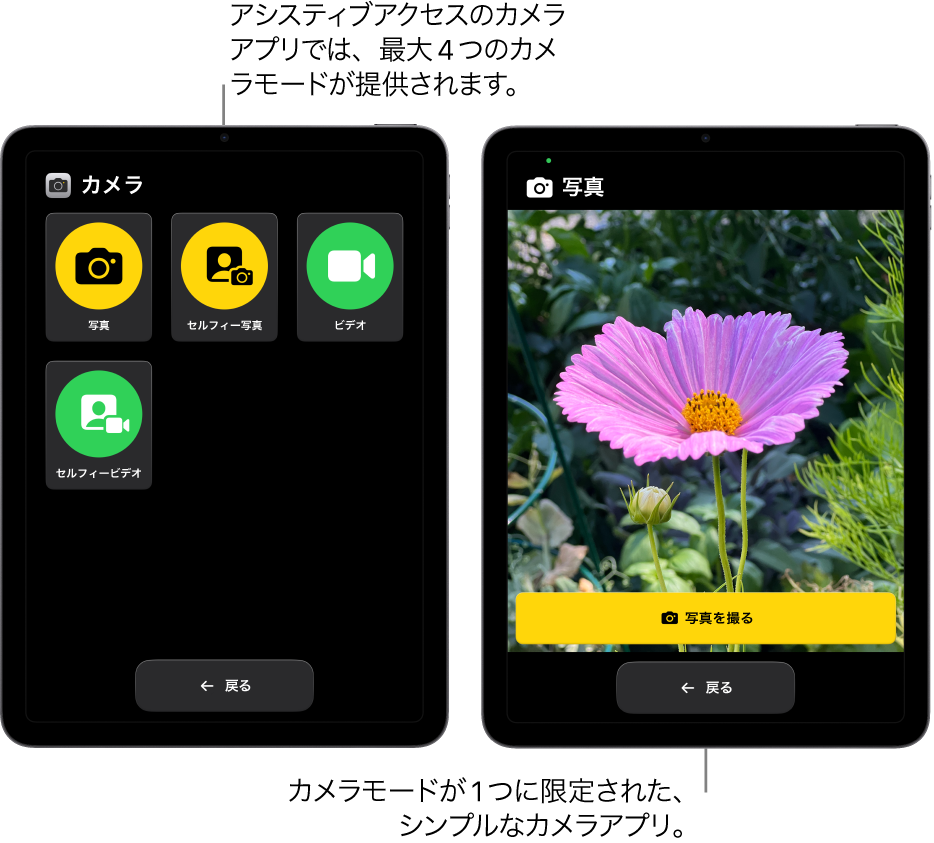 アシスティブアクセスを使用している2つのiPadの画面。一方のiPadにはカメラアプリが表示されていて、ユーザは「ビデオ」や「セルフィー写真」などのカメラモードを選択できます。もう一方のiPadには、1枚ずつ写真を撮影するモードのカメラアプリが表示されています。