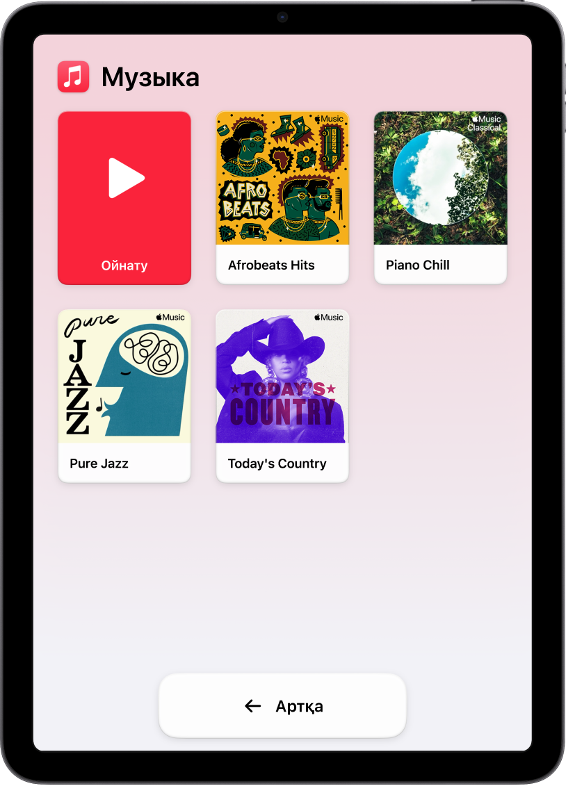 «Музыка» қолданбасы ашық тұрған Қарапайым режимдегі iPad. «Ойнату» түймесі экранның жоғарғы сол жақ бұрышында, ал «Артқа» түймесі төменде. Ойнату тізімдерінің үлкен торы экранның қалған бөлігін толтырады.