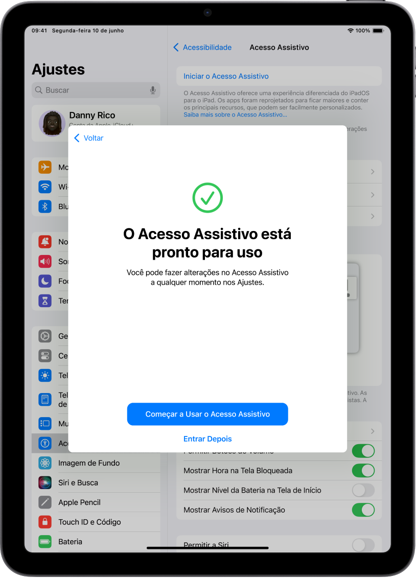 iPad mostrando que o Acesso Assistivo está pronto para ser usado, com um botão na parte inferior para entrar no Acesso Assistivo.