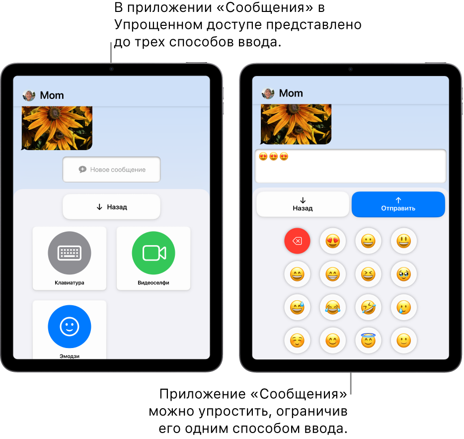 Показаны два iPad в режиме Упрощенного доступа. На одном iPad открыто приложение «Сообщения» и показаны доступные способы ввода, например «Клавиатура» и «Видеоселфи». На другом устройстве показана отправка сообщения, набранного на клавиатуре с эмодзи.