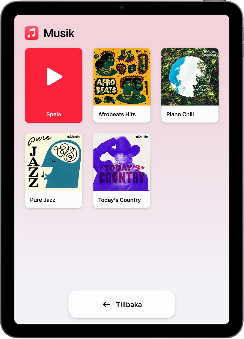 En iPad i Åtkomststöd med appen Musik öppen. Uppspelningsknappen finns i övre vänstra hörnet på skärmen och knappen Tillbaka är längst ned. Ett stort rutnät med spellistor fyller resten av skärmen.