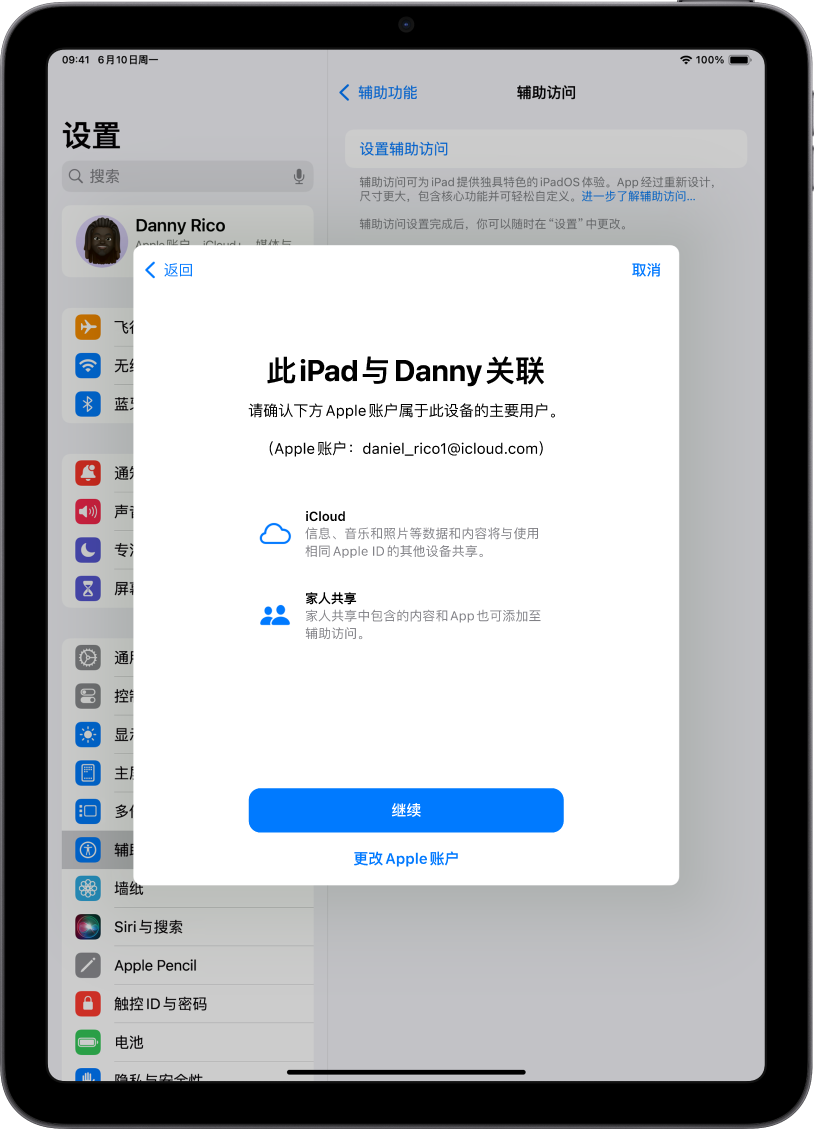 iPad 显示与设备关联的 Apple 账户，以及可搭配辅助访问使用的 iCloud 及“家人共享”功能相关的信息。