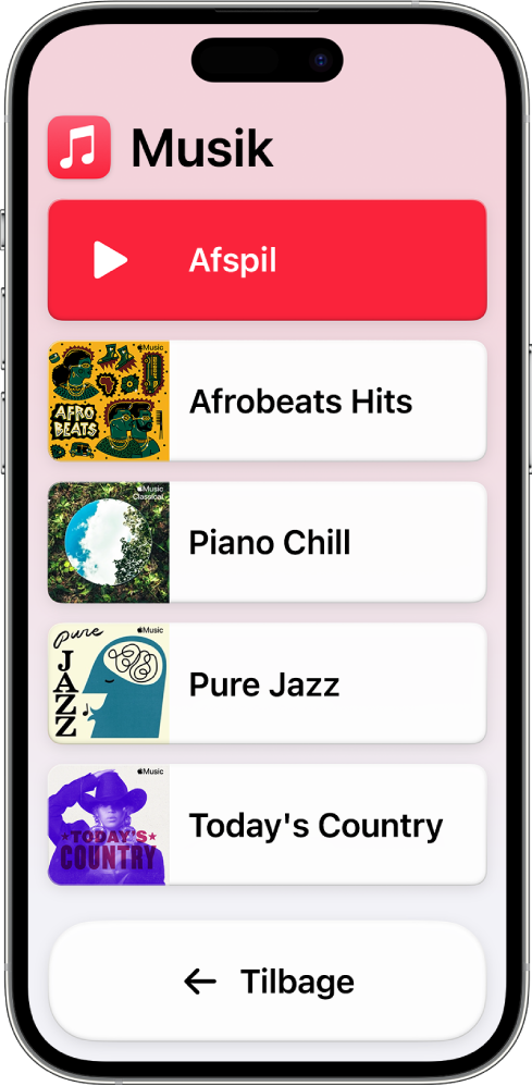 En iPhone i Let tilgængelighed med appen Musik åben. Knappen Afspil er øverst på skærmen, og knappen Tilbage er nederst. En liste over playlister vises i midten af skærmen.
