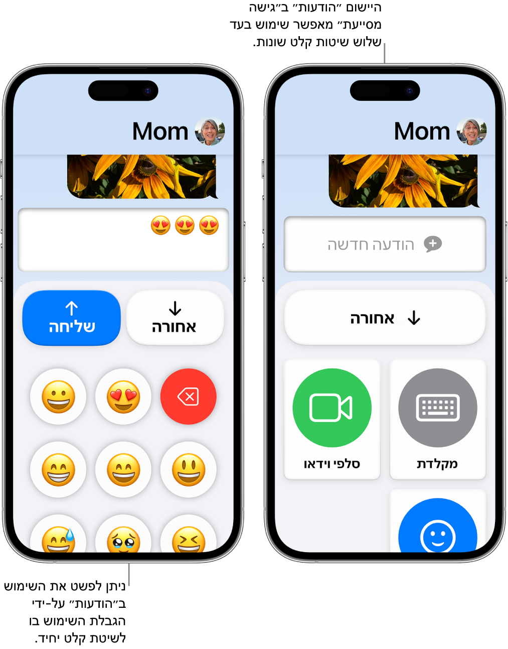 המסכים של שני מכשירי iPhone במצב ״גישה מסייעת״. מכשיר iPhone אחד מראה את היישום ״הודעות״ עם שיטות קלט לבחירת המשתמש, כמו ״מקלדת״ או ״סלפי וידאו״. המכשיר השני מציג הודעה שנשלחת באמצעות מקלדת המכילה אמוג׳ים בלבד.