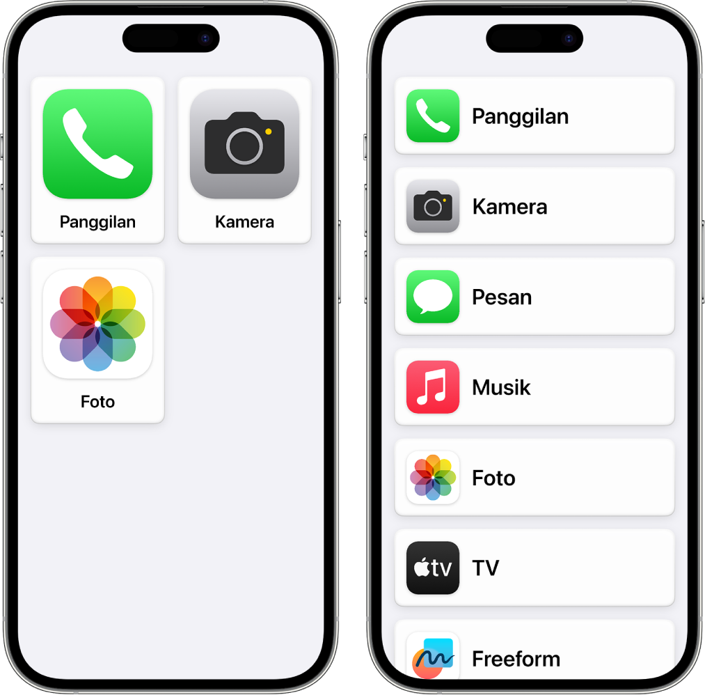 Dua layar iPhone menampilkan Layar Utama Akses Bantuan. Satu iPhone menampilkan grid besar hanya beberapa app. iPhone yang satu lagi menampilkan banyak app di daftar.