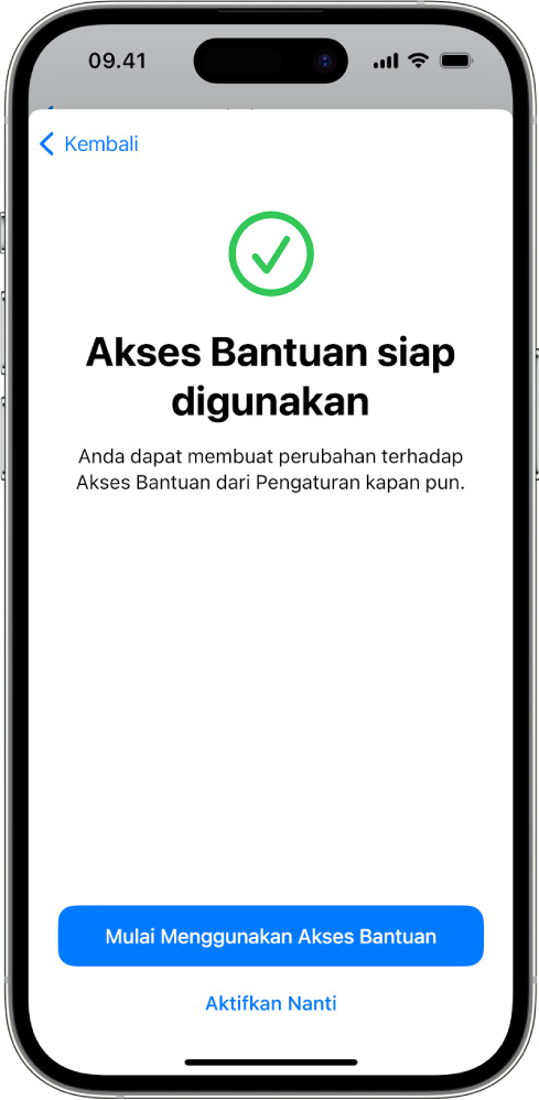 iPhone menampilkan bahwa Akses Bantuan siap digunakan dengan tombol di bagian bawah untuk masuk ke Akses Bantuan.