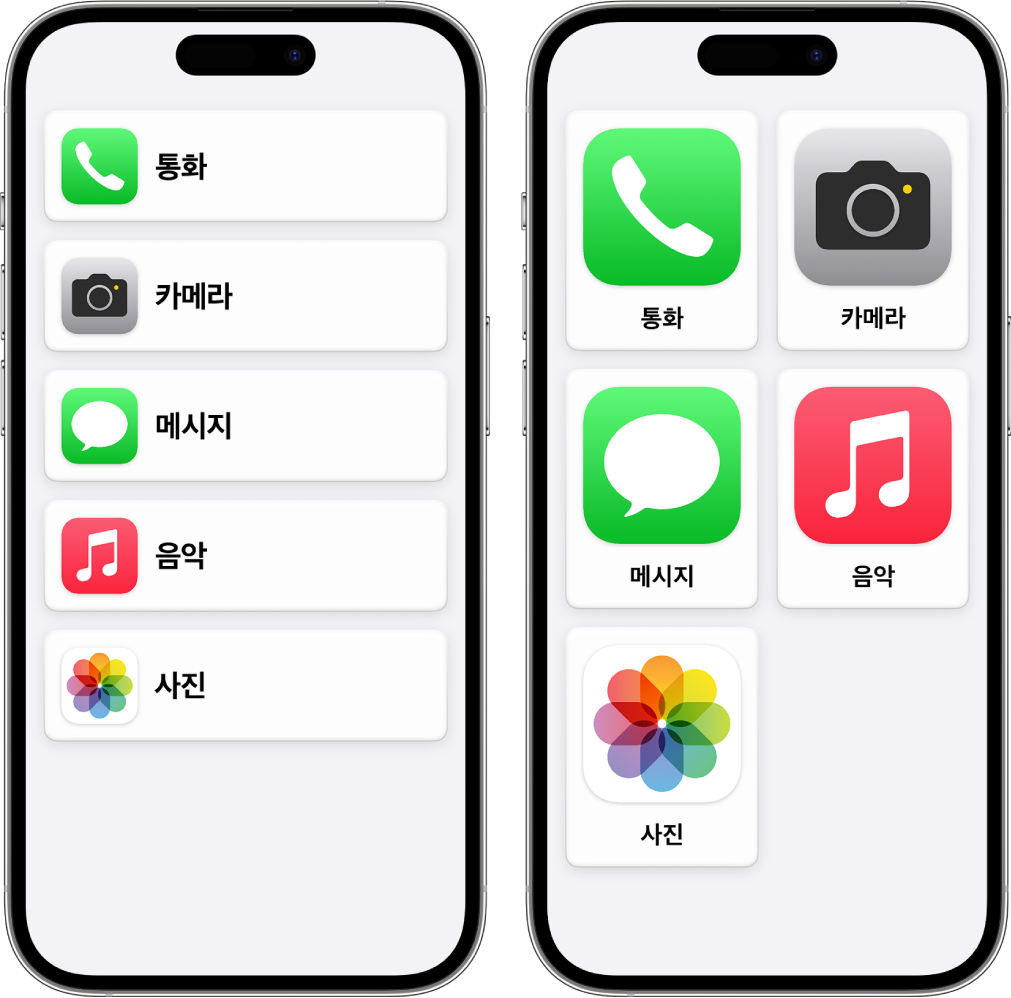 보조 접근을 사용 중인 두 개의 iPhone 화면. 하나는 앱이 행으로 나열된 홈 화면을 표시함. 다른 하나는 격자로 정렬된 더 큰 앱을 표시함.