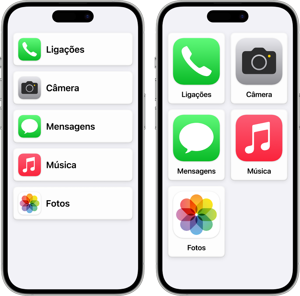 Duas telas de iPhone no Acesso Assistivo. Um mostra a Tela de Início com os apps listados em linhas. O outro mostra ícones maiores de apps organizados em grade.