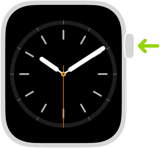 Illustration der Apple Watch mit einem Pfeil, der oben auf der rechten Seite auf die Digital Crown zeigt.