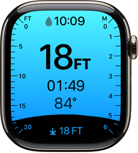 Die App „Tiefe“ auf der Apple Watch Series 10 zeigt die aktuelle Tiefe, Unterwasserzeit, Wassertemperatur sowie die maximale Tiefe des Tauchgangs an. Markierungen auf der linken Seite weisen auf die Tiefe in Fuß von 0 Fuß bis 20 Fuß hin. Markierungen auf der linken Seite weisen auf die Tiefe in Metern von 0 Metern bis 6 Metern hin.