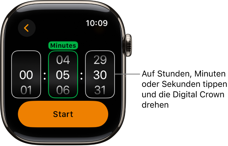 Einstellungen zum Stellen eines eigenen Timers mit den Stunden links, den Minuten in der Mitte und den Sekunden rechts. Die Taste „Start“ befindet sich darunter.
