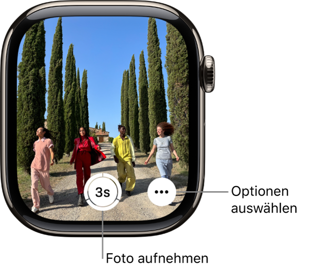 Auf der Apple Watch ist das Kamerabild des iPhone zu sehen. Unten in der Mitte ist der Auslöser. Unten rechts ist die Taste „Weitere Optionen“.