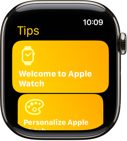 Die App „Tipps“ zeigt eine Reihe von Tipps, wie zum Beispiel „Willkommen bei der Apple Watch“.