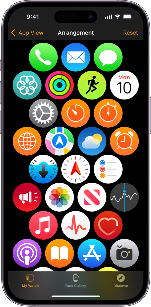 The Arrangement screen in the Apple Watch app showing a grid of icons.